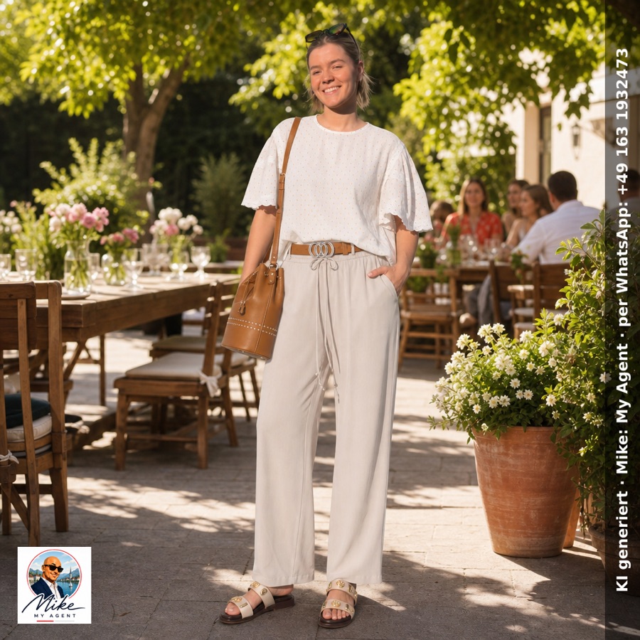 KI-Rendering: heller Leinen-Look mit weiter Hose und Korbtasche in einem Gartenrestaurant