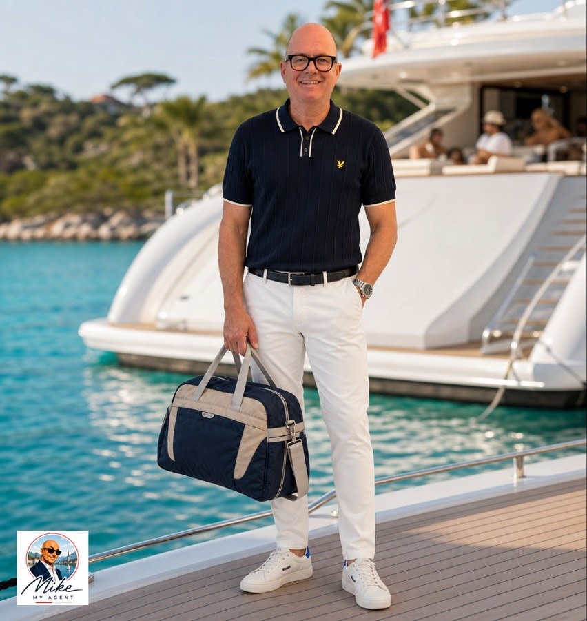 KI-Rendering: dunkelblaues Polohemd mit weißer Chino und Weekender an einem Yachthafen