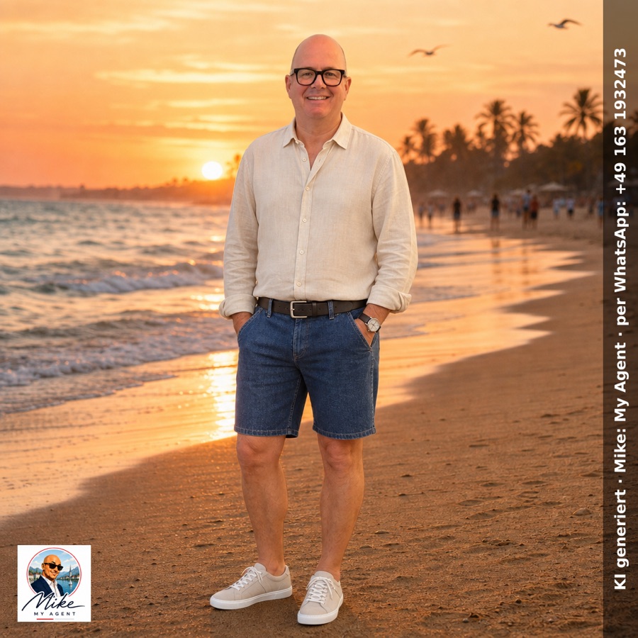 KI-Rendering: helles Leinenhemd mit Jeansshorts am Strand bei Sonnenuntergang