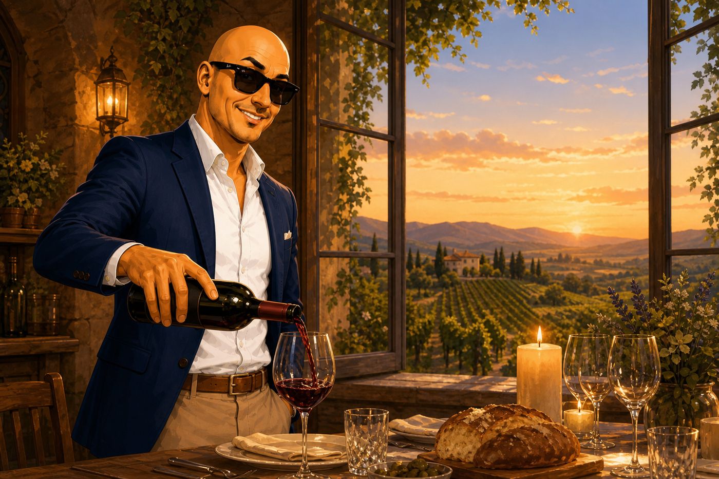 Mike schenkt am gedeckten Tisch ein Glas Rotwein ein