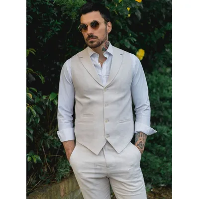 Herren Sommer 2-teiliges Anzugset Leinen Formal Creme Beige Weste Hose