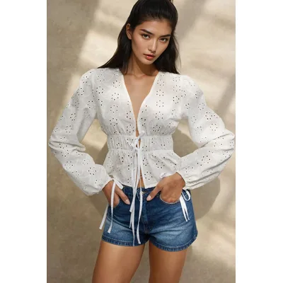 Elegante Strukturierte V-Ausschnitt Bluse mit Ballonärmeln