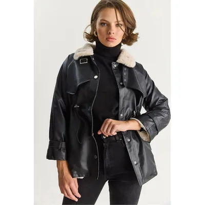 Faux-Lederjacke mit Kunstfell-Details