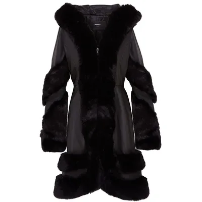 Ausgestellter schwarzer Cape-Mantel aus Leder mit Kapuze und Pelz für Damen - Mandal