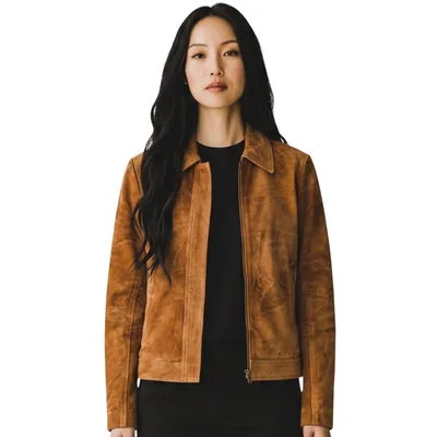 Damen beige Wildleder-Bomber Blouson Varsity-Jacke – Austurland