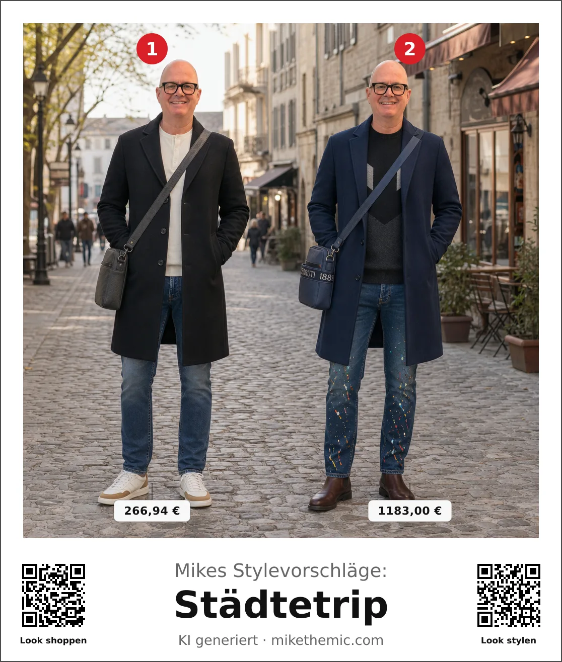 Kopenhagen-Mantel: Doppelreihiger Wollmantel mit Jeans