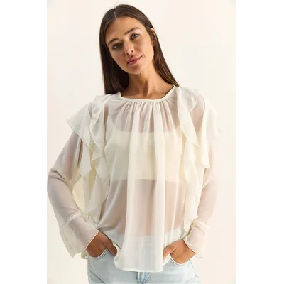 Rüschen-Chiffon Rundhalsausschnitt-Bluse
