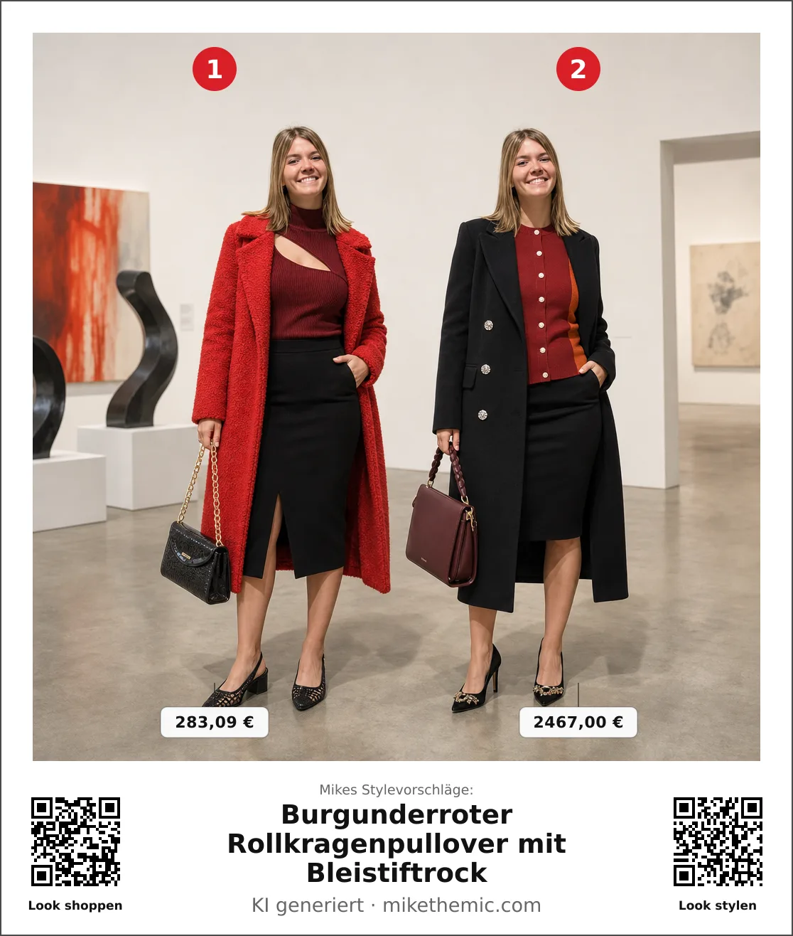 Burgunderroter Rollkragenpullover mit Bleistiftrock