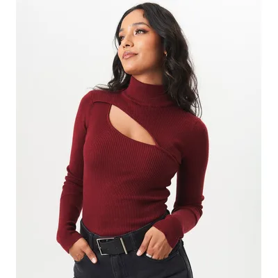 Burgunderfarbener Pullover mit hohem Ausschnitt und Cut-out-Detail