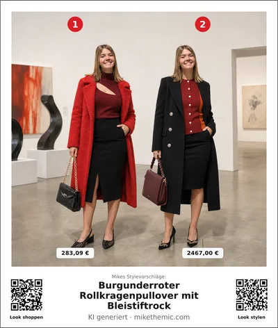 Burgunderroter Rollkragenpullover mit Bleistiftrock