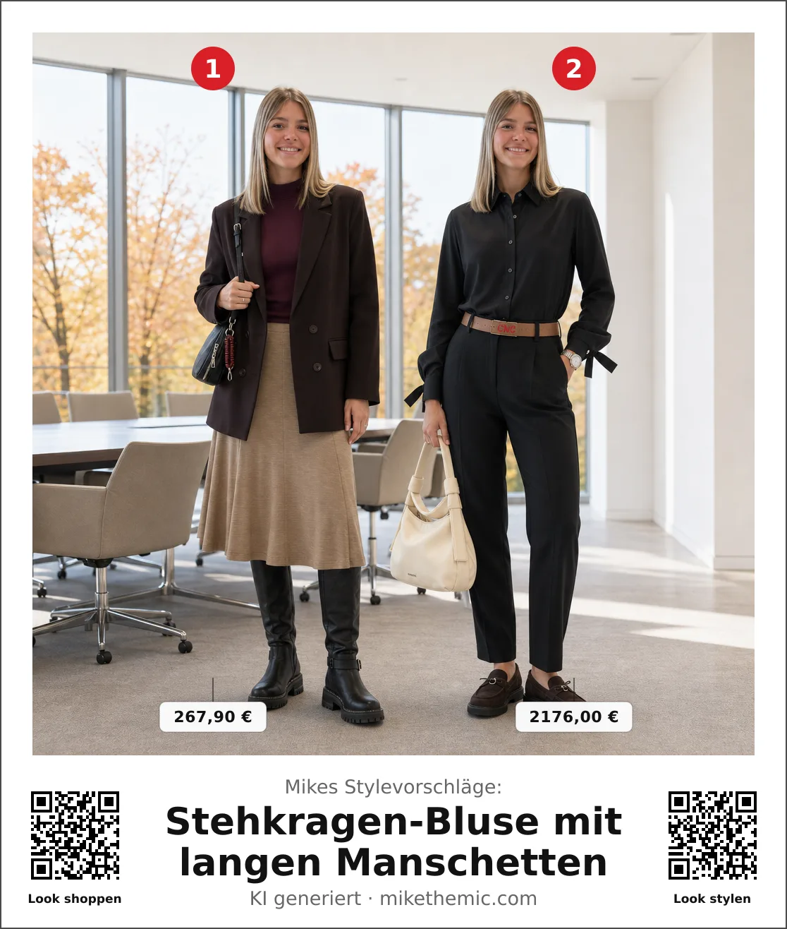 Stehkragen-Bluse mit langen Manschetten